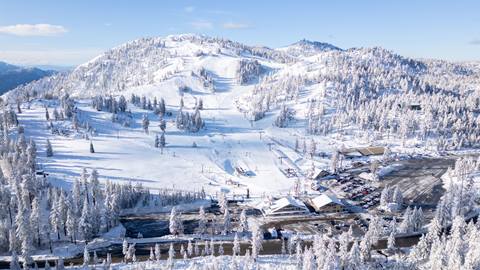 Drone image of Snow Valley on a bluebird day after a snow storm